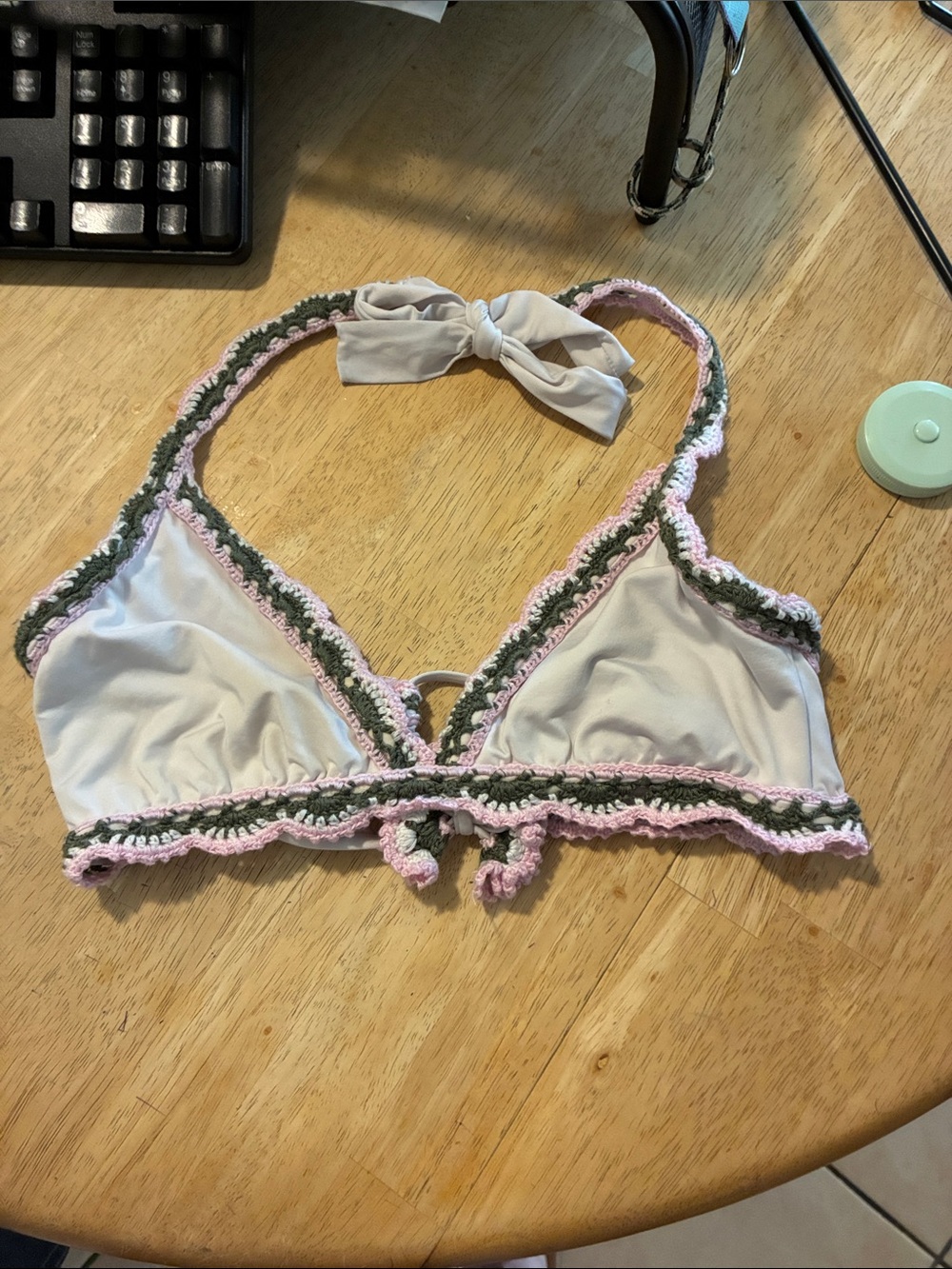 Women's Crochet-Trim Triangle Bralette - Cream with Pink & Green